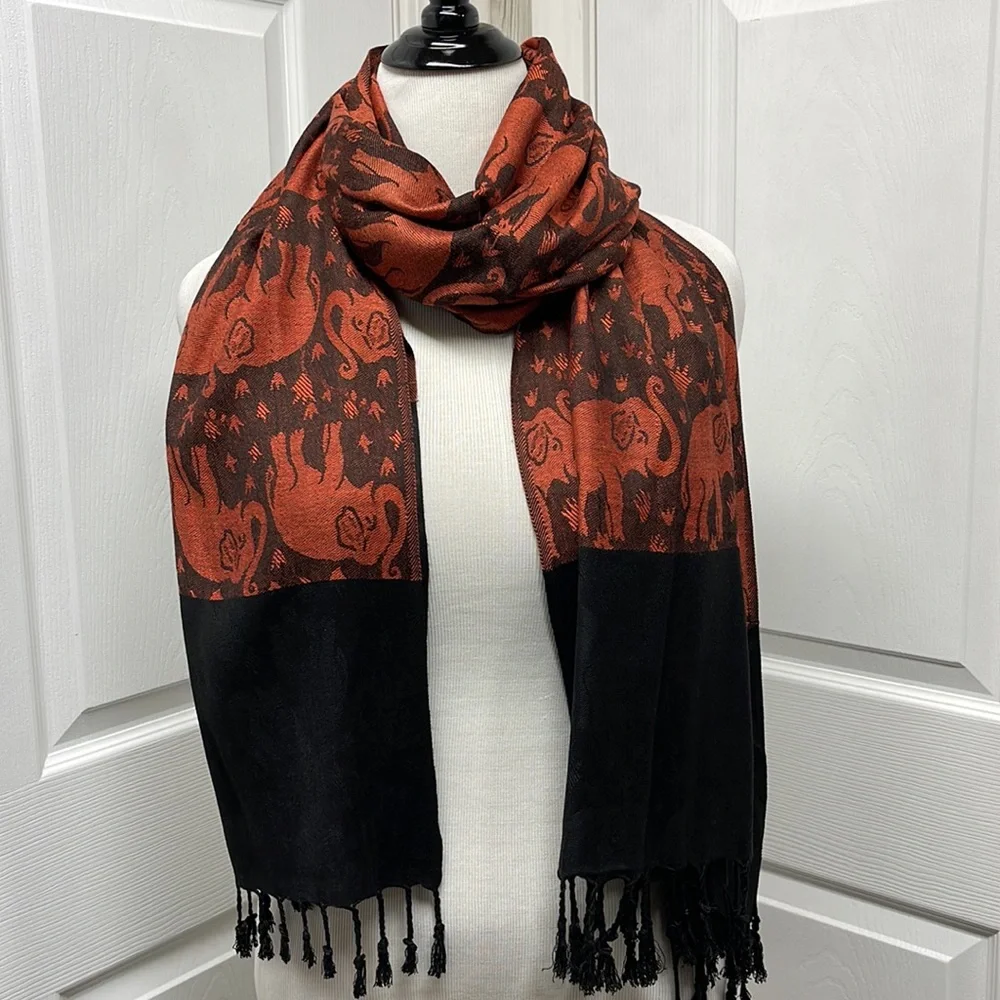 Orange & Black Elephant Fringed Long Scarf